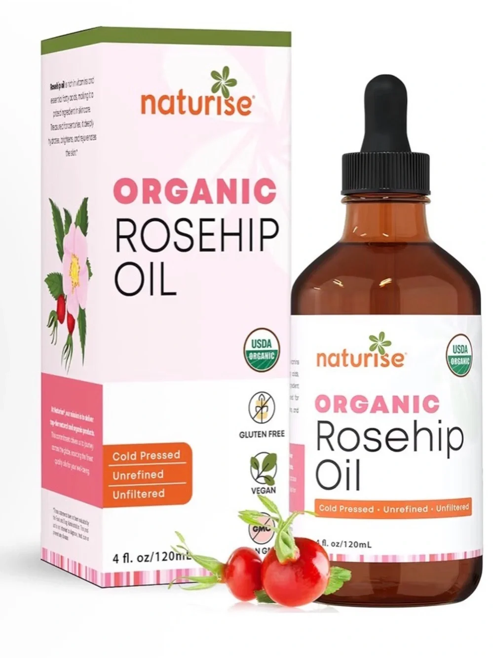 Naturise Organic Rosehip Seed Oil for Face, Skin, Hair, Nails, Body (4 fl oz)